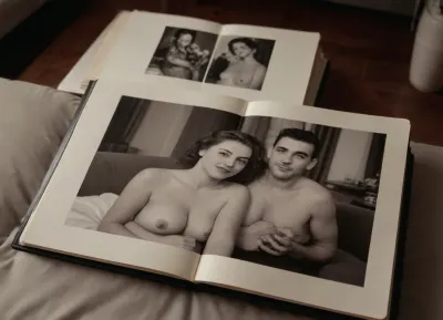 hyper-detailed old photo album open to page 1, page 4 black and white photos. The photos are pornographic shots of a married couple at home fucking., Ando, Fuchs, Style, page, <lora:Ando Fuchs Style:.5>, titfuck, <lora:titfuck_SDXL:.5>, <lora:276883_training_data:.5>