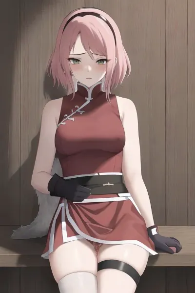 sakuraTheLast, sit, squirt, squirting, hand in pants, masturbated, woman, sleeveless, green, knee, pads, black, gloves, s, bangs, bandaged, obi, forehead, mark, protector, konohagakure, symbol, qipao, dress, coat, hair, long, sleeves, sandals, fur, trim, red, hairband, capri, sweat, sweater, onoff, skirt, lift, pov, from, below, lifted, by, self, <lora:sakuraTheLast:.5>, <lora:skirt_lift_pov:.5>