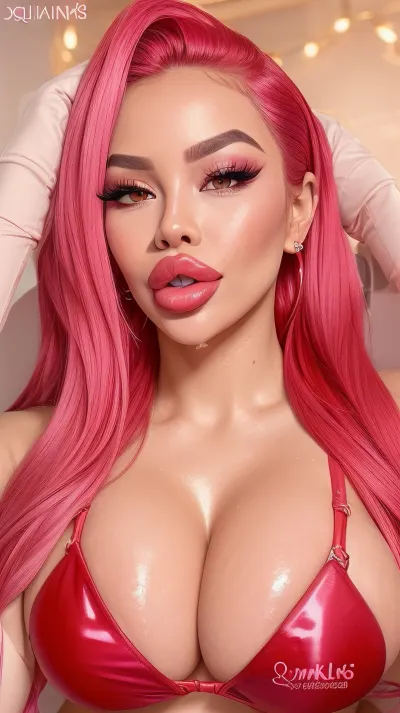 (best quality:1.1), 1youngl, horny thai Bimbo Fuckdoll, slutty Makeup, adult young Hanahowo, red hair, fucked silly, orgasm Face, Very excited, gloss Skin, (big Bimbo tits:1.2), deep cleavage, ((wearing Red Bikini top)), beautiful face, (Botox filled lips:1.2), (bimbo duck lips:1.2), ((thick lips)), 8k, shiny dark pink lipgloss, detailed face, detailed eyes
gradient background, ((only face)), strong lighting, fakelips, lips, lip, filler, <lora:fakelips:.5>, <lora:lips:.5>, JohnPerns_Quiron, style, huge, cartoon, <lora:quiron_JohnPersons_Style_v2_lora:.5>
