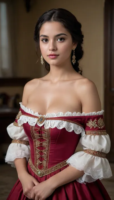 year is 1757, Mexican Señorita, all that sultriness and sex appeal, period correct aesthetic and style, high detailed realistic face, (indistinguishable from real life:1.5), (lifelike photography:1.2), (photorealism:1.3), realistic dim sensual lighting, totally realistic, realistic skin, high quality photograph, full body, The, Hateful, Eight, film, style, off the shoulder dress, <lora:The Hateful Eight film style:.5>