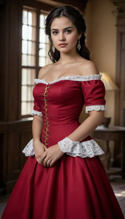 year is 1757, Mexican Señorita, all that sultriness and sex appeal, feisty, spirited, period correct aesthetic and style, high detailed realistic face, (indistinguishable from real life:1.5), (lifelike photography:1.2), (photorealism:1.3), realistic dim sensual lighting, totally realistic, realistic skin, high quality photograph, full body, The, Hateful, Eight, film, style, off the shoulder dress, <lora:The Hateful Eight film style:.5>