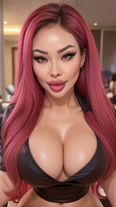 (best quality:1.1), 1youngl, horny thai Bimbo, Fuckdoll, slutty Makeup, adult young Hanahowo, red hair, fucked silly, orgasm Face, Very excited, gloss Skin, (big_boltedontits:1.2), deep cleavage, ((wearing Office Outfit)), beautiful face, (Botox filled lips:1.2), (bimbo duck lips:1.2), ((thick lips)), 8k, shiny dark pink lipgloss, detailed face, detailed eyes
gradient background, ((cowboy shot)), (focus on cleavage), strong lighting, fakelips, lips, lip, filler, ButaAI, thepit, <lora:fakelips:.5>, <lora:lips:.5>, <lora:ButaAI:.5>, <lora:officelady:.5>, <lora:thepit:.2>
