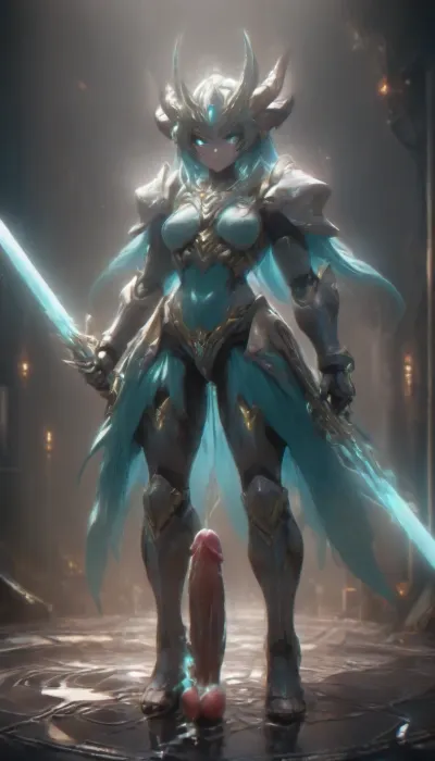 1girl, Arcana, armor, full body, glowing, helmet, holding, holding sword, holding weapon, horns, science fiction, shoulder armor, solo, standing, sword, weapon, (Standing Footjob, penis cum:1.4), <lora:Arcana_XL:1>