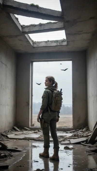 (((exclusion zone, post apocalypse, a poor bunker with a broken roof where you can see the sky and birds, old damp cracked concrete, wanderer, stalker, wandering, exploring the world and empty surroundings, she has a weapon of the future for protection, she is on guard, enemies are hiding in ambush))), (((She is a young resistance fighter))), (((background, machines standing broken, wake, battle, invasion of planet earth)))