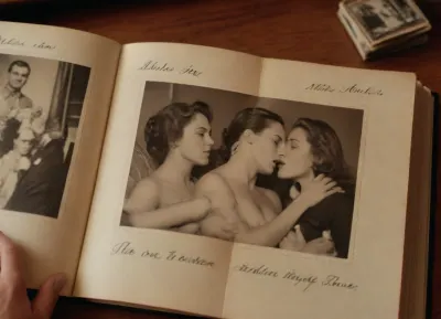 hyper-detailed old photo album open to page 1, page 4 black and white photos. The photos are pornographic shots of a married couple at home fucking., Ando, Fuchs, Style, page, <lora:Ando Fuchs Style:.5>, titfuck, <lora:titfuck_SDXL:.5>, <lora:276883_training_data:.5>, Vintage, Postage, Stamps, <lora:Vintage Postage Stamps:.5>