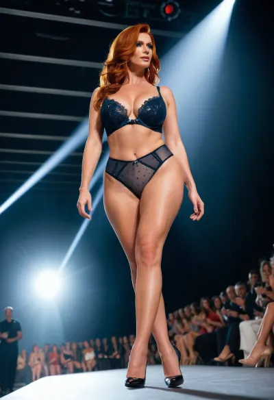 Red head milf walking on stage, fashion show, big tits, high heels, sexy pose, luxury underwear, detailed