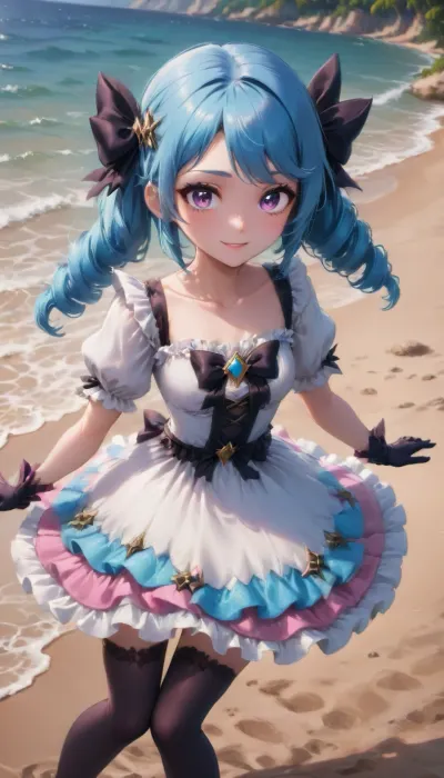 beach, 1girl, absurdres, black bow, black gloves, black legwear, blue eyes, blue hair, bow, collarbone, dress, drill hair, frilled dress, frills, gloves, gwen \, (league of legends\), hair ornament, highres, league of legends, long hair, parted lips, puffy sleeves, pink pupils, smile, solo, white dress, x, x hair ornament, gwenlol, twin, drills, mismatched, legwear, <lora:gwenlol:1.5>