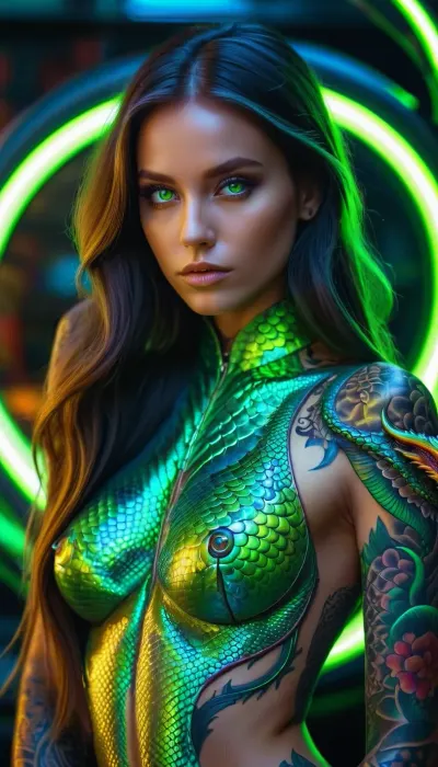 Beautiful bionic tattooed neon iridescent lime- long haired neon iridescent lime-eyed dragonid girl in little body, posing, dragon in Background