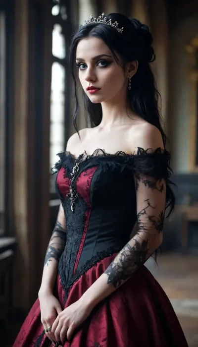 aristocratic gothic woman, shoulderless gown, she has a natural grace and elegance, Dollskill, Scene-Queen, girl, Emo, Long, Hairstyle, Optional, Myspace, picture, <lora:Dollskill_Downbeat_Spiked:.5>, <lora:Scene_Queen_Auto_Tag:.5>