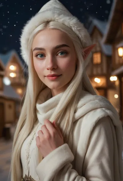 upper body view, medieval fantasy style, young beautiful 18 year old snow elf girl, (natural pointed long elven ears:1.2), skinny, thin waist, white skin, long straight hair, white hair, evening makeup, short winter coat, (winter hat with bombshell), gloves, a girl stands in the middle of a snowy street, (girl holds her hands to her face), smile, perfect teeth, night city ​​in fantasy elven style, Christmas, night, full moon, starry sky, (highly detailed face:1.3), <lora:CuteLora:.5>, <lora:FaeStyle:.5>