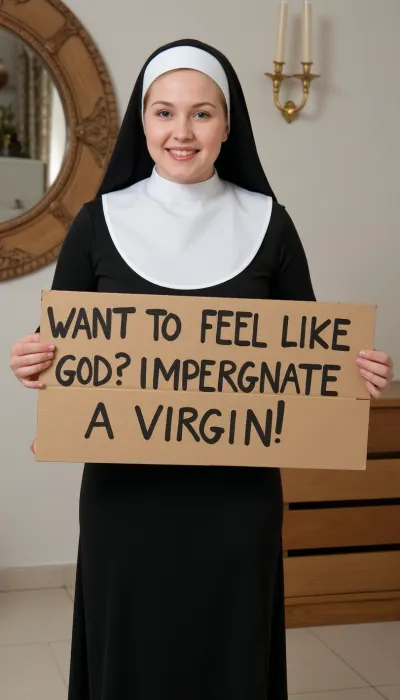 A 19 year old woman, (((petite))), blonde hair, dressed as a nun, nuns habit, standing in a nunery, holding a handmade sign "WANT TO FEEL LIKE GOD? IMPREGNATE A VIRGIN!".