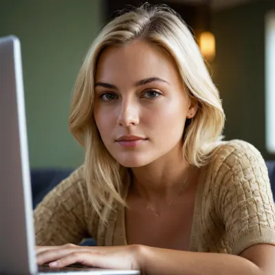 score_9, score_8_up, score_7_up, score_6_up, rmsns, closeup portrait of cute 30yo girl, blond, working on laptop, looking at viewer with a friendly and attentive expression, wide-angle view, highly detailed, high budget, photorealistic, candid camera, color graded cinematic, imperfections, natural, shallow dof, natural light, 35mm photograph, film, professional, 4k, Depth of field F2. Rule of Thirds Composition