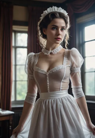 woman, Lady Dimitrescu character, dress is lifted at the waist to show her perfect pussy, ((erotic maid uniform)), (naked perfect breast), full body! the! most! beautiful!, see through silk dress, 18 century city manor house, darkness atmosphere, 1880s, gothic revival style, RAW photo, analogue style, vintage photography, depth of field, photography by Natalia Drepina, ((see-through)), (school, uniform), <lora:clothing_slider_v19_000000030:1.1>, <lora:lbc_XL_see-t school_uniform_240311:1.9>, <lora:breasts_slider_v10:1.9>