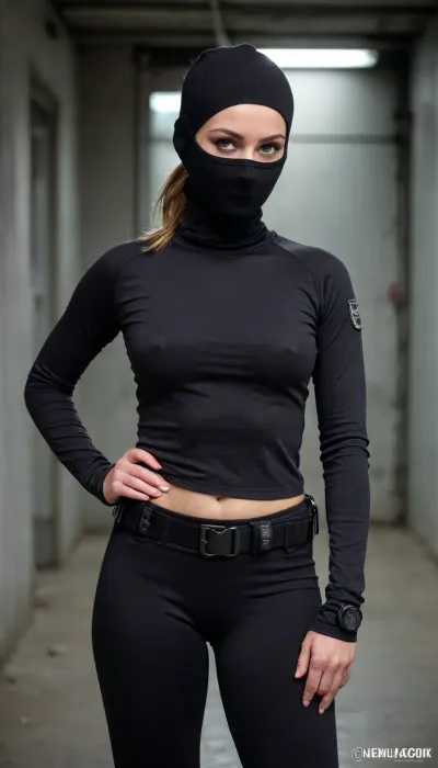 (3girls, seductive:1.2), 28 year old english female police officer, (balaclava covering nose:1.4), (long sleeve black base layer, kevlar chest plate:1.3), tactical belt, handcuffs, baton, radio, torch, tactical gloves, tactical boots, perfect body, perfect slim angular face, ponytail, 25 years old, english prison, <lora:230394_training_data:.5>