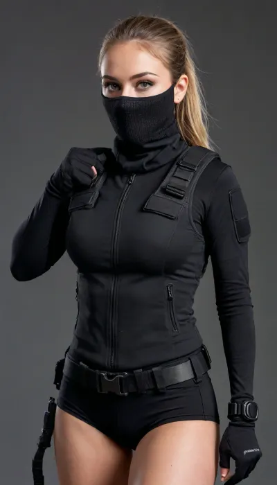 (seductive:1.2), 28 year old english female police officer, (balaclava covering nose:1.4), long sleeve black base layer, (tactical vest with pouches:1.3), tactical belt, handcuffs, baton, radio, torch, tactical gloves, tactical boots, perfect body, perfect slim angular face, ponytail, 25 years old, english prison, <lora:230394_training_data:.6>