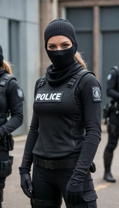 (3girls, seductive:1.2), english female police officer, (riot helmet:1.2), (balaclava covering nose:1.3), (long sleeve black base layer, tactical vest with pouches:1.3), tactical belt, handcuffs, baton, radio, torch, tactical gloves, tactical boots, perfect body, perfect slim angular face, ponytail, 25 years old, english prison