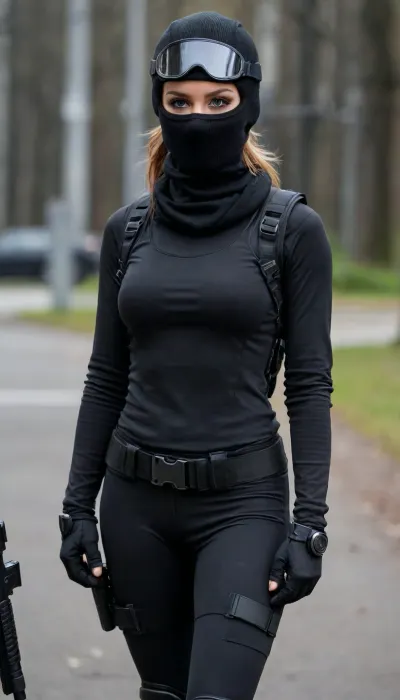 (3girls, seductive:1.2), english female police officer, (riot helmet:1.2), (balaclava covering nose:1.3), (long sleeve black base layer, tactical vest with pouches:1.3), tactical belt, handcuffs, baton, radio, torch, tactical gloves, tactical boots, perfect body, perfect slim angular face, ponytail, 25 years old, prison, <lora:230394_training_data:.5>