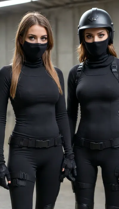 (3girls, seductive:1.2), greek female police officer, (riot helmet:1.3), (balaclava covering nose:1.3), (long sleeve black base layer underneath kevlar chest plate with pouches:1.3), tactical belt, handcuffs, baton, radio, torch, tactical gloves, tactical boots, perfect body, perfect slim angular face, ponytail, 25 years old, prison, <lora:230394_training_data:.5>