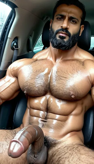 ('Javed Pathan' and 'Afzal Khan' are best friends, Both are Naked), Very ruggedly handsome Big Muscular Indian Muslim bodybuilders proudly showing their Big Cock in the Car, (Handsome and Hot Muslim hunks with very long beard), dark and rough Muslim men, (40 year old, Muslim, tall muscled Arab Indian dark male, rough, dominant, daddy, (hairy Chest and armpits), bodybuilder, enormous thick long dark cock, perfect fingers, oily Sweaty body, small black grey hair slicked back, dilf, Big seductive eyes, Wet body), (big black circumcised penis with big testicles), (rain drops), ultra sharp high definition details, pubic hair, professional photography, sharp focus, 4k high definition, insanely detailed, RAW photo, HDR, hyper-realistic, cinematic lighting, photo realism, (silver rings), Big, cock, <lora:xpenis-1.5e:.5>, <lora:pein:.5>