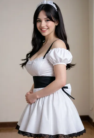 1girl, thin, shinning black hair, solo, long hair, extremely pale white skin, enormous 48DDD-cup symmetrical round natural breast, French maid dress, teeth, hair, black eyes, standing, white background, view from side behind, side breasts, masterpiece, smiling, pulld, <lora:breasts_slider_v10:.5>