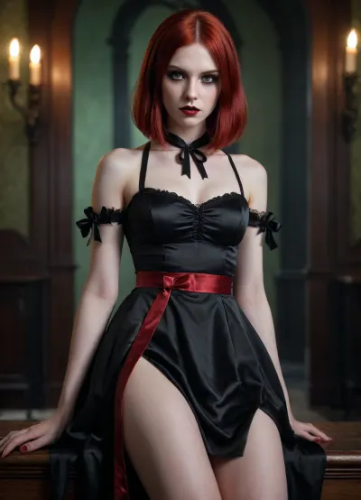 Girl, 25yo, game character, vampire, long bob haircut, shiny red hair, black ribbons in hair, very pale skin, satin dress, (black), red lipstick, gothic makeup, green eyes, flat belly, full height picture, legs, feet, dark light