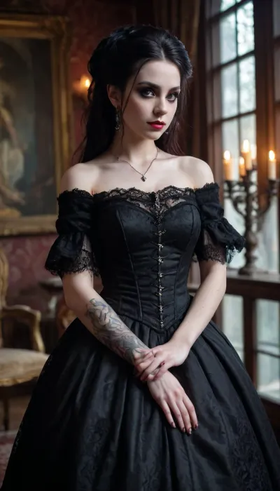 aristocratic gothic woman, shoulderless gown, she has a natural grace and elegance, a salon at her house, naturally sinful, a true temptation, Dollskill, Scene-Queen, girl, Emo, Long, Hairstyle, Optional, Myspace, picture, <lora:Dollskill_Downbeat_Spiked:.5>, <lora:Scene_Queen_Auto_Tag:.5>