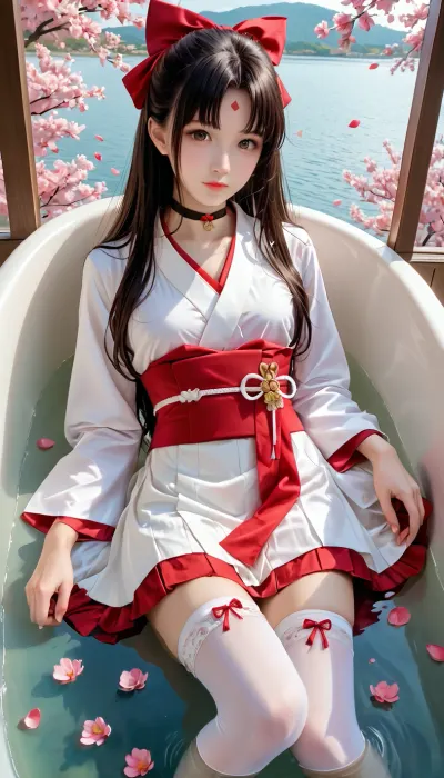 ultra-detailed, highly detailed, best quality, masterpiece, illustration, realistic, photo, photorealistic, yaodaoji, 1girl, solo, thighhighs, japanese clothes, black hair, choker, forehead mark, bow, white thighhighs, looking at viewer, hair bow, cherry blossoms, ribbon, skirt, long sleeves, miko, bangs, sash, ribbon trim, long hair, hair ribbon, river, wind, falling petals, cum, bathtub, cumbath