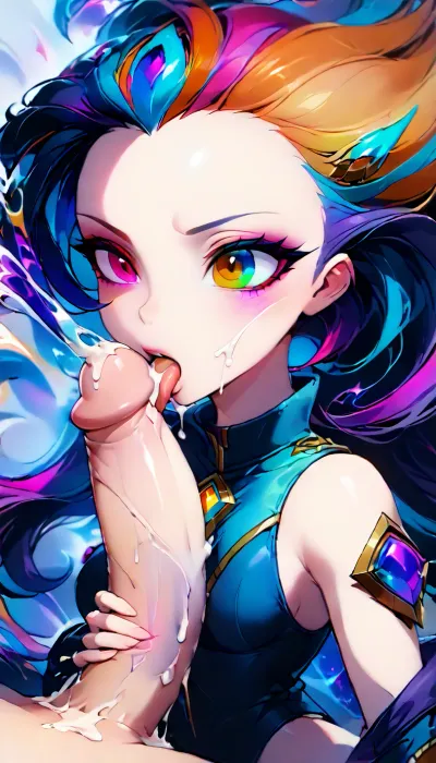 concept art 1girl zoe, (heterochromia), long multi colored hair, league of legends, Establishing shot, Wide Shot, ZIP2D . digital artwork, illustrative, painterly, matte painting, (Disdainful expression:1.8), ，highly detailed, (lick penis, penis cum:1.6), <lora:LolZoeXL:1.6>, <lora:xl_more_art-full_v1:.6>