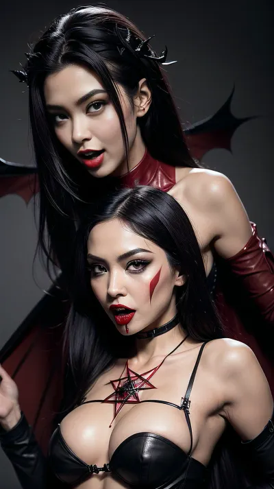Beautiful asian vampire bride with extremely long fangs, Long fangs one inch long, Mouth open, sexy expression, ready to bite, Naked The most beautiful body, skinny, (((pentagram leather straps top))), breasts cut out, ((inside dark theme dungeon)), (((bat wings))), clear amber eyes, pm1s, girl, pov, long veiny penis, (long sharp fangs:1.4), red paint on body, cinematic, vampire, film, style, <lora:pm1s:.7>, <lora:cinematic vampire film style:.5>, Perfect, Fangs, fangs, sharp, teeth, fang, <lora:Unfazed vampire - XL SDXL V1.0:.5>