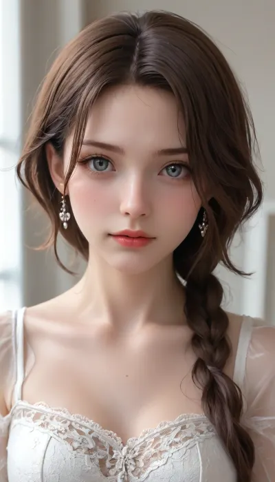 Portrait of a Russian beauty 18 old in national costume, brown hair, grey eyes, lace filigree of bright, rich color. Super clear, highly detailed watercolor, glaze technique, plus colored alcohol ink, style of V. Vasnetsov