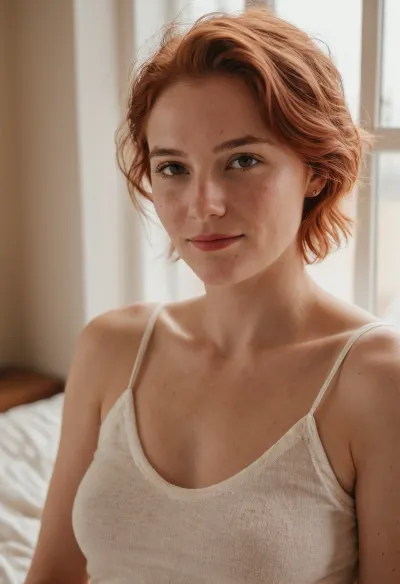Intimate morning portrait of an mischievous wife, delicate features and subtle freckles, natural window light streaming in, tousled short rose-red hair with dark roots, soft genuine smile, casual at-home vibes, minimal everyday makeup, warm vanilla walls and cozy bedroom decor in background, athletic fit body, pale breasts and tan-lines, shot on Sony A7IV with 35mm f/1.4 lens, shallow depth of field, (soft morning glow:1.3), (natural skin texture:1.2), (gentle bokeh:1.2), (casual intimacy:1.2), , lifestyle photography, candid moment, dreamy atmosphere, film-like grain, nostalgic color grading, Instagram aesthetic, lifestyle blogger quality, ZipRealism, <lora:sunnyrayyxo_v1_SDXLBase:.8>, <lora:add-detail-xl:1.4>