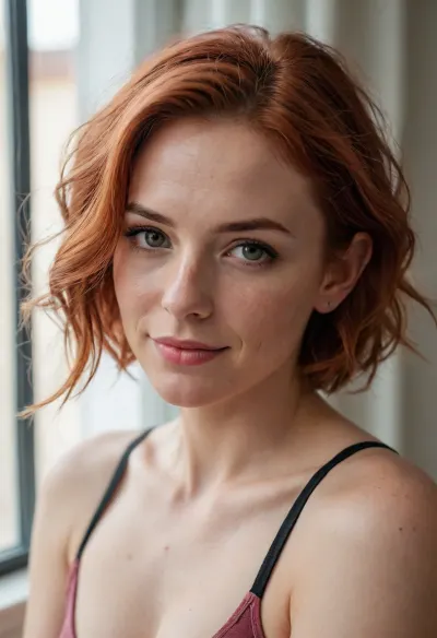 Intimate morning portrait of an mischievous wife, delicate features and subtle freckles, natural window light streaming in, tousled short rose-red hair with dark roots, soft genuine smile, casual at-home vibes, minimal everyday makeup, warm vanilla walls and cozy decor in background, comfy sports bra hugging her athletic fit body, shot on Sony A7IV with 35mm f/1.4 lens, shallow depth of field, (soft morning glow:1.3), (natural skin texture:1.2), (gentle bokeh:1.2), (casual intimacy:1.2), , lifestyle photography, candid moment, dreamy atmosphere, film-like grain, nostalgic color grading, Instagram aesthetic, lifestyle blogger quality, ZipRealism, <lora:sunnyrayyxo_v1_SDXLBase:.8>, <lora:add-detail-xl:1.4>