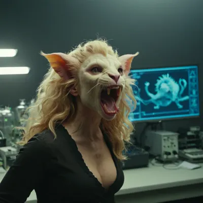 (chimera style), dynamic angle, ((female chimera)), in a science lab, maniacal laughter, (science lab:1.2), mixing elements, large chemical explosion

BREAK, <lora:Fantasy_Races_XL:1.1>