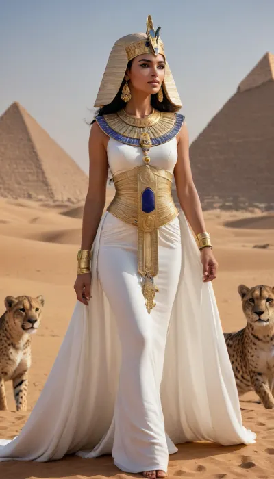 A powerful ancient Egyptian queen strides confidently through a sunlit desert. She wears a pristine white gown detailed with intricate gold embroidery, paired with an elaborate gold and lapis lazuli collar and matching armbands. Her headdress is adorned with the iconic cobra and a mix of navy and gold. Accompanied by two sleek cheetahs walking in perfect harmony at her side, the queen emanates both elegance and authority. The backdrop features towering sandstone statues and pyramids bathed in warm golden light, (creating a majestic and mythical ambiance)