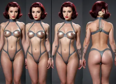 (((asymmetrical, clothes:1.2))), slim body, small perky tits, deep perspective, collage frames, collage, fashion magazine page, (multiple, views, 3/4 front view, 3/4 back view, closeup focus frame, chest focus frame, crotch focus frame), clothes design variations, multiple views, asymmetrical, clothes, design, variations, retro futuristic colors, retro scifi, atompunk, pulp scifi style, pulp-sf, retro scifi style, weird future fashion, clothing aside, clothing pull, tight uniform, tight clothes, bodysuit, skintight, pinup, fake clothes, seethru, transparent, cutout clothing, seethru clothes, sheer clothes, strapless clothes, transparent clothes, cutout clothes, crotchless clothes, impossible clothes, ducttape, rank insignia tattoos, uniform tattoos, revealing, high slits, pantypull, shirtspread, shirtsqueeze, best quality, masterpiece, highly detailed, 8k uhd, perfect anatomy, detailed face, scifi space uniform, ds9st uniform, stsnwunf uniform, pulp scifi, jewellery, shoulder sleeve insignia, medal, rank insignia, epaulettes, shoulder mark, asymmetric clothes, cutoffs, halter neck, FlightSuit, spacesuit, seamless, covered chest, covered crotch, wardrobe malfunction, stickers on nipples, bodytape, nipplestape, lowrise pants, lowleg panties, rank insignia tattoo, uniform tattoo, face tattoo, cybernetic implants, partially nude, <lora:EnvyPulpScifiXL:.4>, <lora:EnvyAtompunkXL01:.4>