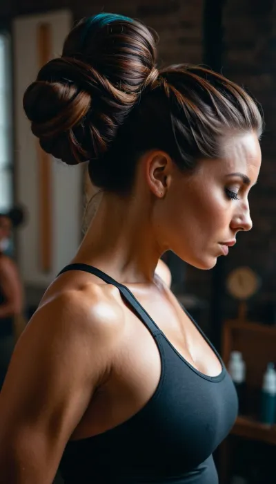 photo hyper réaliste, qualité optimale. Fond noir. Femme a genoux, tout son corps est couverts de peinture de toutes les couleurs. On ve voit pas la peau de la femme car totalement recouverte de peinture. Elle regarde la caméra. Elle tient un pinceau en main et fait semblant de peindre. Elle a les cheveux en chignon. Cheveux noirs. Corps athlétique. Photographie artistique