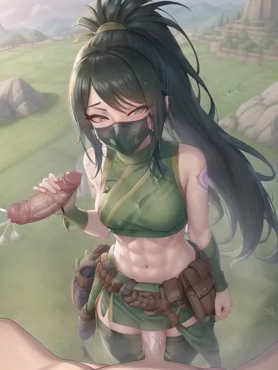 (Bukkake:1.4), (mask, pov handjob, penis:1.2), Bukkake, sky, field, grass, akali, looking at viewer, league of legends, highres, abs, arm tattoo, bangs, blouse, breasts, green shirt, hair between eyes, hip vent, long bangs, long hair, mask, midriff, ninja, ponytail, rope belt, belt pouch, shirt, stomach tattoo, tattoo, handjob, pov, 1boy, 1girl, penis, <lora:akali_v2-000038:.7>, <lora:Handjob:.5>