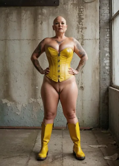 40-year-old tattooed chubby milf with bald head, (yellow leather corset), ((wet oiled dirty body)), full-frontal nude, full body, freckles, detailed skin texture, photorealistic, high detail, standing with legs spread wide open, rubber boots, in front of old concrete wall, <lora:PostApocalyptic_Chernobyl_v3:.9>, <lora:bdsm_SDXL_1_:.4>, high resolution, crying