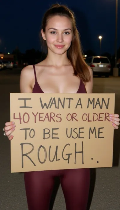 Graceful, pretty, 21 year old woman, cute face, ponytail, sexy, leggings, tanktop, standing in a parking lot, in the evening, in the light of a spotlight, holding a handmade sign with text "I WANT A MAN 40 YEARS OR OLDER TO USE ME ROUGH".