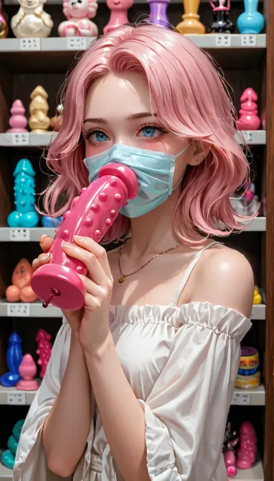 1girl, in_sextoy_store, picking_dildos, pink_hair, long_straight_hair, blushing, facemask, background has many dildo on the shelf