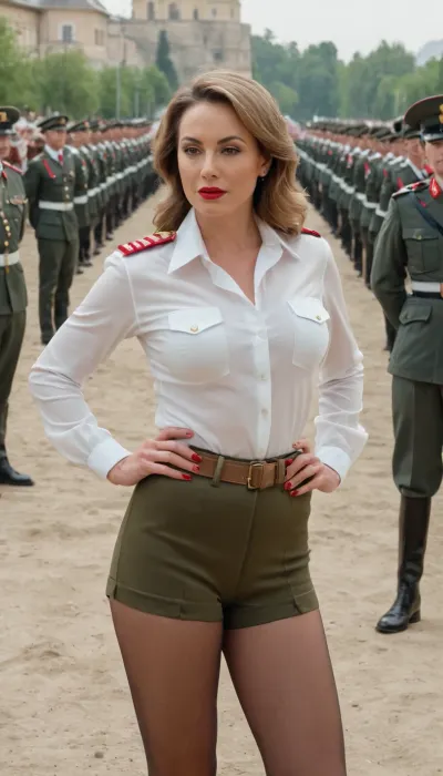 Milf in military uniform, full body, horny face, realistic, on military parade, serious, elegant, very luxurious, detailet, small tits, blouse, red lipstick, panty and pantyhose, show panty, cameltoe, no naked, outstretched pose, back view, angle view