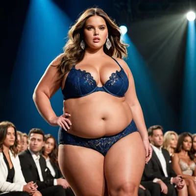 Girl on stage, fashion show, super model, chubby, fat, obese, (cellulite:1), (stretch marks:.6), high heels, Victoria Secret, walking, sexy, fashion magazine photography
