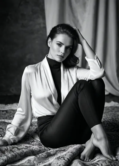 a black and white photo of a woman sitting on a blanket, a black and white photo, art photography, by Zsolt Bodoni, 5 0 0 px models, seductive seated pose, clothed in silk, photography alexey gurylev, photography alexey kurylev