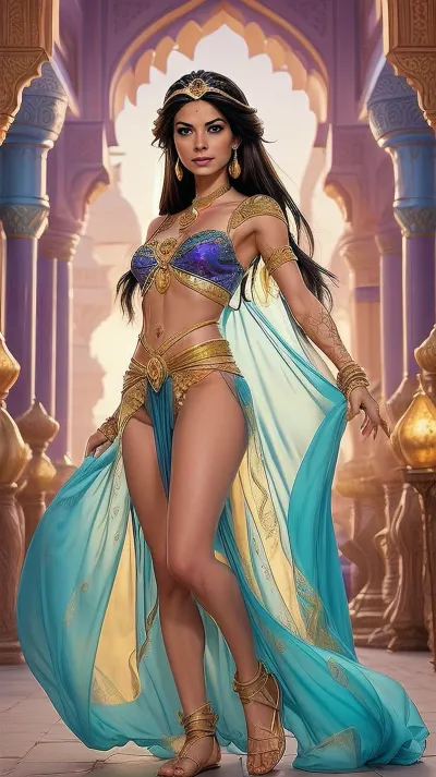 Create an enchanting image of Princess Jasmine from Disney's Aladdin, capturing her exotic beauty and independent spirit. She stands gracefully, her long, flowing black hair cascading down her back, and her expressive brown eyes shining with determination. Jasmine is dressed in her iconic elegant outfit, adorned with intricate patterns and rich colors. The background features the vibrant and bustling marketplace of Agrabah, with colorful fabrics and spices surrounding her. The warm, golden glow of the setting sun casts a magical light, highlighting her charm and grace. The scene conveys a sense of freedom and adventure, reflecting her desire to explore and forge her own path.