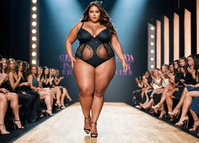 Girl on stage, fashion show, super model, chubby, fat, obese, (cellulite:1), (stretch marks:.6), high heels, Victoria Secret, walking, sexy, fashion magazine photography