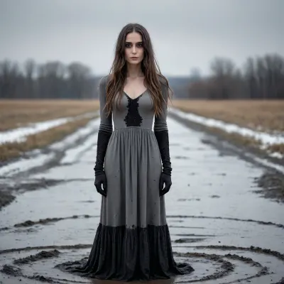 a thin entity with very long arms and hair with very large black eyes in a gray dress stands in the middle of a winter field in a snowfall in black spots with a puddle of muck