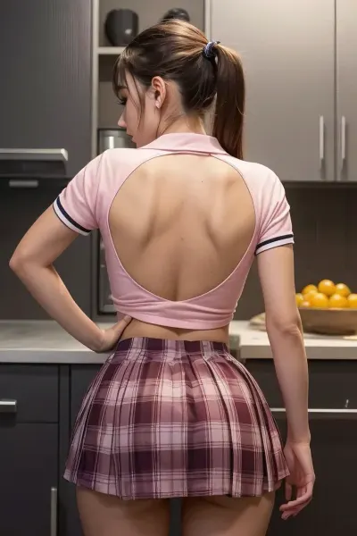 woman, ((Gorgeous japanese teen pressing boobs against kitchen door)), ((18 years old)), ((pigtails)), ((black hair)), ((huge boobs:1.7)), ((slim body)), ((looking away)), ((wears very tight pink t-shirt)), ((wears checkered miniskirt and high socks:1.5)), ((shows thong)), ((perfect round ass)), ((close back view:1.7))