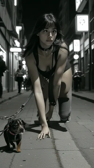 (A girl crawling on all fours through the city street, the girl is wearing a dog-collar around her neck and a well-dressed man is walking her on a leash), dark might, streetlights, Nikon D90.