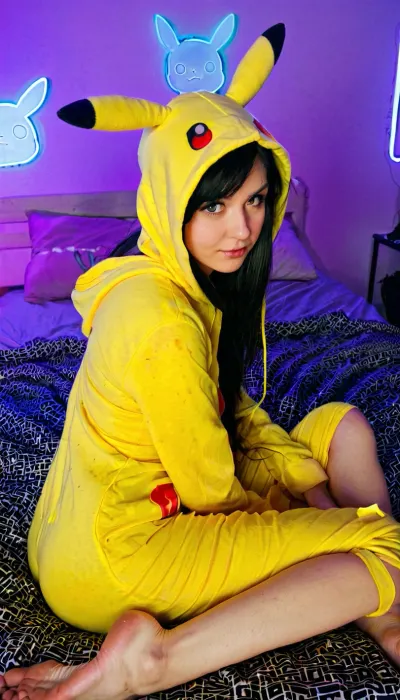 Girl emo, longue Black hair, lying on bed on stomach, levrette, sad face, with yellow pijama pilou pikachu and hood of this cloth on head, in a geek room, neon light, pm1s, girl, pov, penis, barefoot, sitting, foot, focus, dirty, feet, clean, cowgirlfeetup, <lora:SeatedSoles_V0.2:.5>, <lora:CowgirlFeetUp:.5>