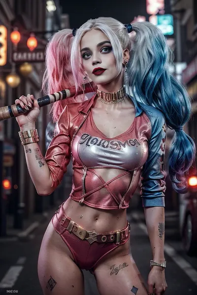 The image depicts the character in a bright and eccentric way. She has two-colored pigtails, one half of her hair is dyed pink and the other half is blue. Her clothing includes a white T-shirt with torn details and the words “Daddy's Lil Monster”, a red and blue satin bomber jacket, sparkly shorts in red and blue, fisherman's tights, and accessories such as a wide studded belt, a golden choker, and rings. In her hands she holds a baseball bat that looks like a prop. The makeup is focused on red lipstick and expressive eyes that emphasize her daring look. The atmosphere in the background is nighttime, with a barely lit city street that complements her hooligan style., blonde, hair, twintails, short, shorts, pantyhose, crop, top, makeup, midriff, navel, fishnets, multicolored, clothes, collar, Harley, Quinn, <lora:HarleyQuinnModernv2-000003:.5>, <lora:more_details:.5>, <lora:CutePussyVer2S:.5>, <lora:Harley Quinn2:.5>